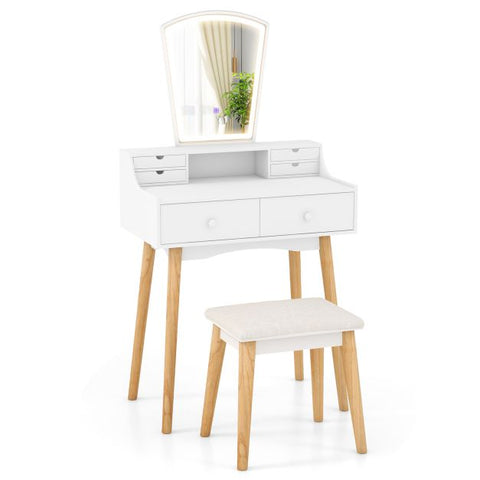 Dressing Table and Chair Set with 3 Lighting Modes and Natural Pine Wood Legs-White