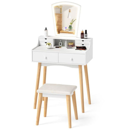 Dressing Table and Chair Set with 3 Lighting Modes and Natural Pine Wood Legs-White