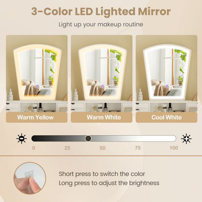 Dressing Table and Chair Set with 3 Lighting Modes and Natural Pine Wood Legs-White