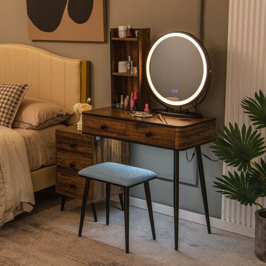 Vanity Table Set with 3-Colour Round Mirror and Charging Station-Brown