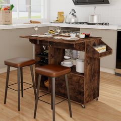 Mobile Drop Leaf Kitchen Island Cart with Microwave Shelf and Wine Rack-Rustic Brown
