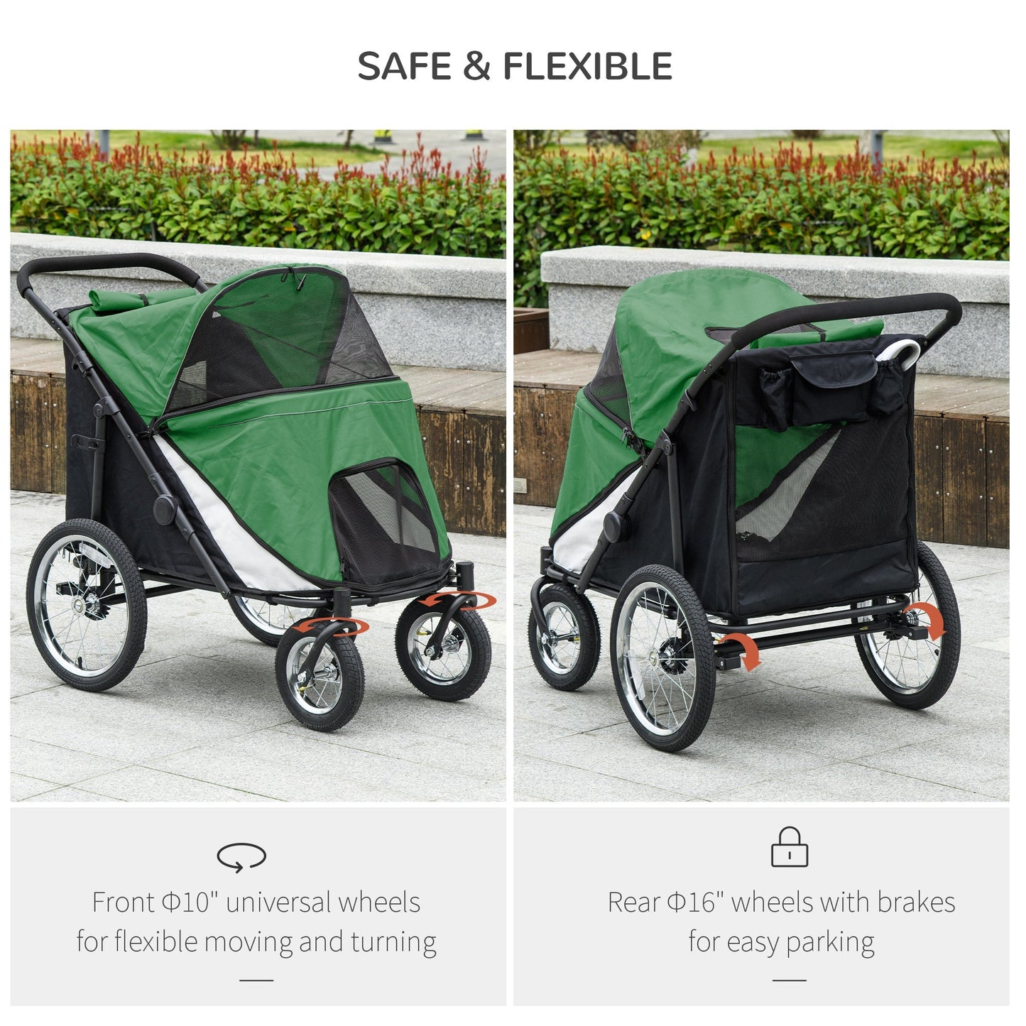 PawHut Foldable Pet Stroller, with Washable Cushion, Storage Bags, Safety Leash, for Medium, Large Dogs, Cats - Green
