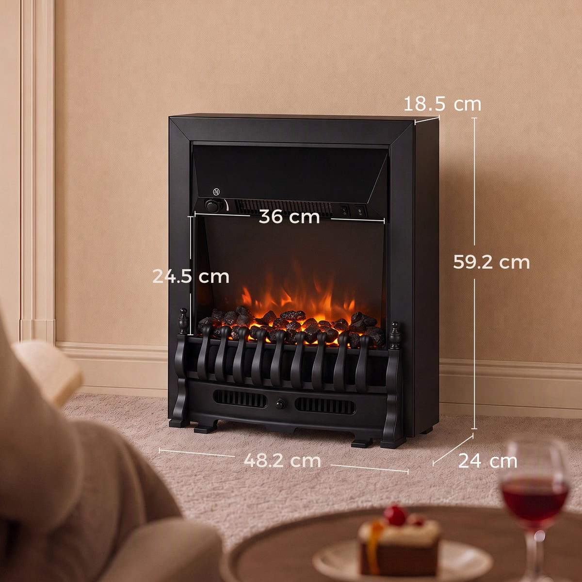 HOMCOM Electric Fireplace Stove Freestanding/ Inset, 1000W/2000W, Electric Fire Heater with LED Flame Effect, Coal Logs, Black
