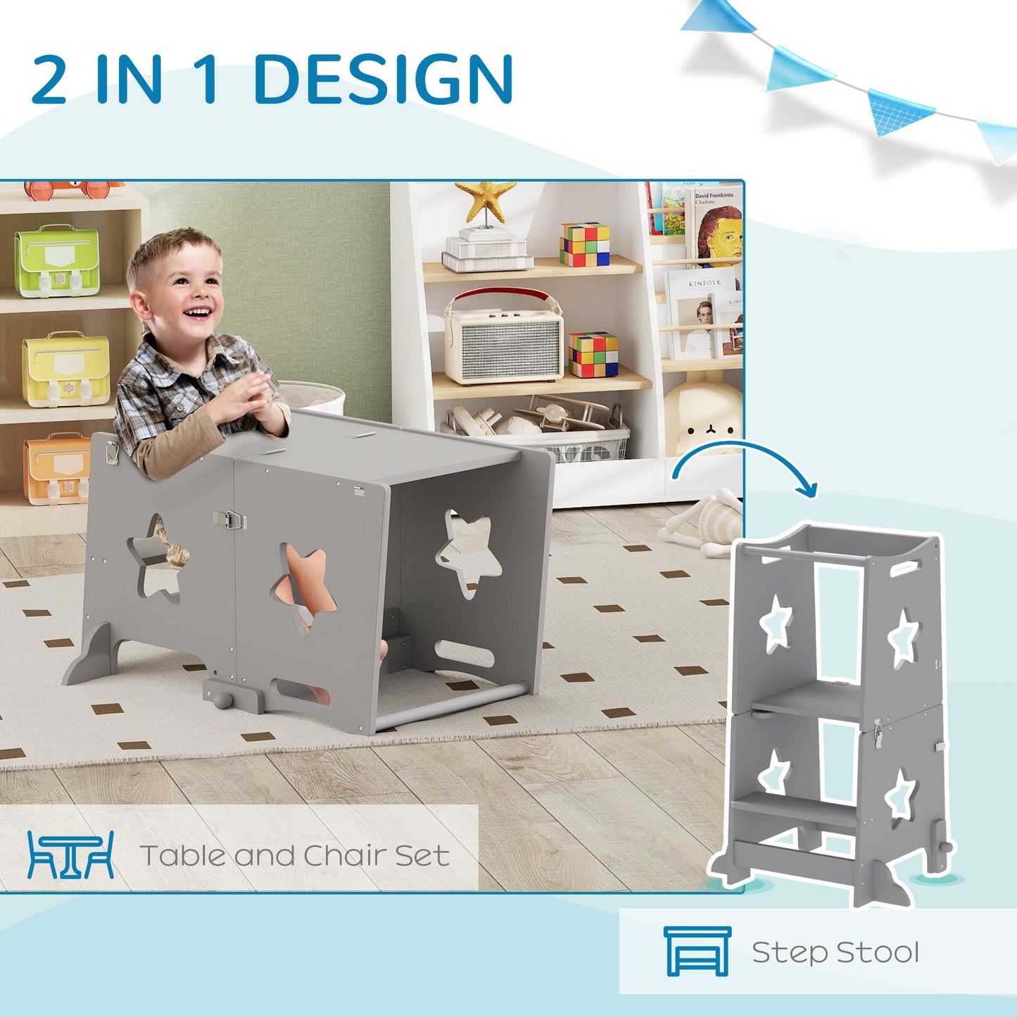 AIYAPLAY 2-in-1 Toddler Step Stool with Safety Rail for Kitchen, Bathroom, Grey
