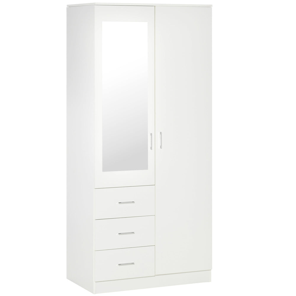 HOMCOM 2 Door 3 Drawer Mirrored Wardrobe with Hanging Rail, Modern Clothes Storage Cupboard with Mirror, Drawers and Adjustable Shelves for Bedroom, 80 x 50 x 180 cm, White