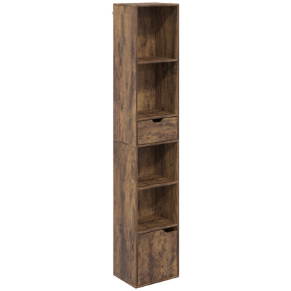 HOMCOM 6-Tier Bookcase, Tall Narrow Bookshelf with Drawer, Door, Adjustable Shelf for Living Room, Rustic Brown