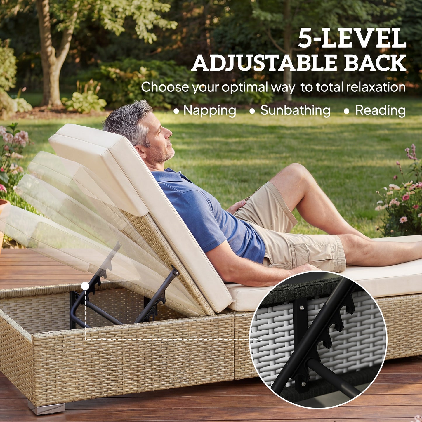 Outsunny Rattan Sun Loungers Set of 2 with Side Table, Garden Recliner Sunbeds with Adjustable Back, Cushions, Beige