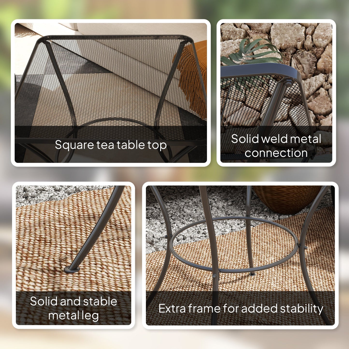 Outsunny 60cm Square Garden Table, Outdoor Metal Bistro Side Desk with Mesh Top, Black