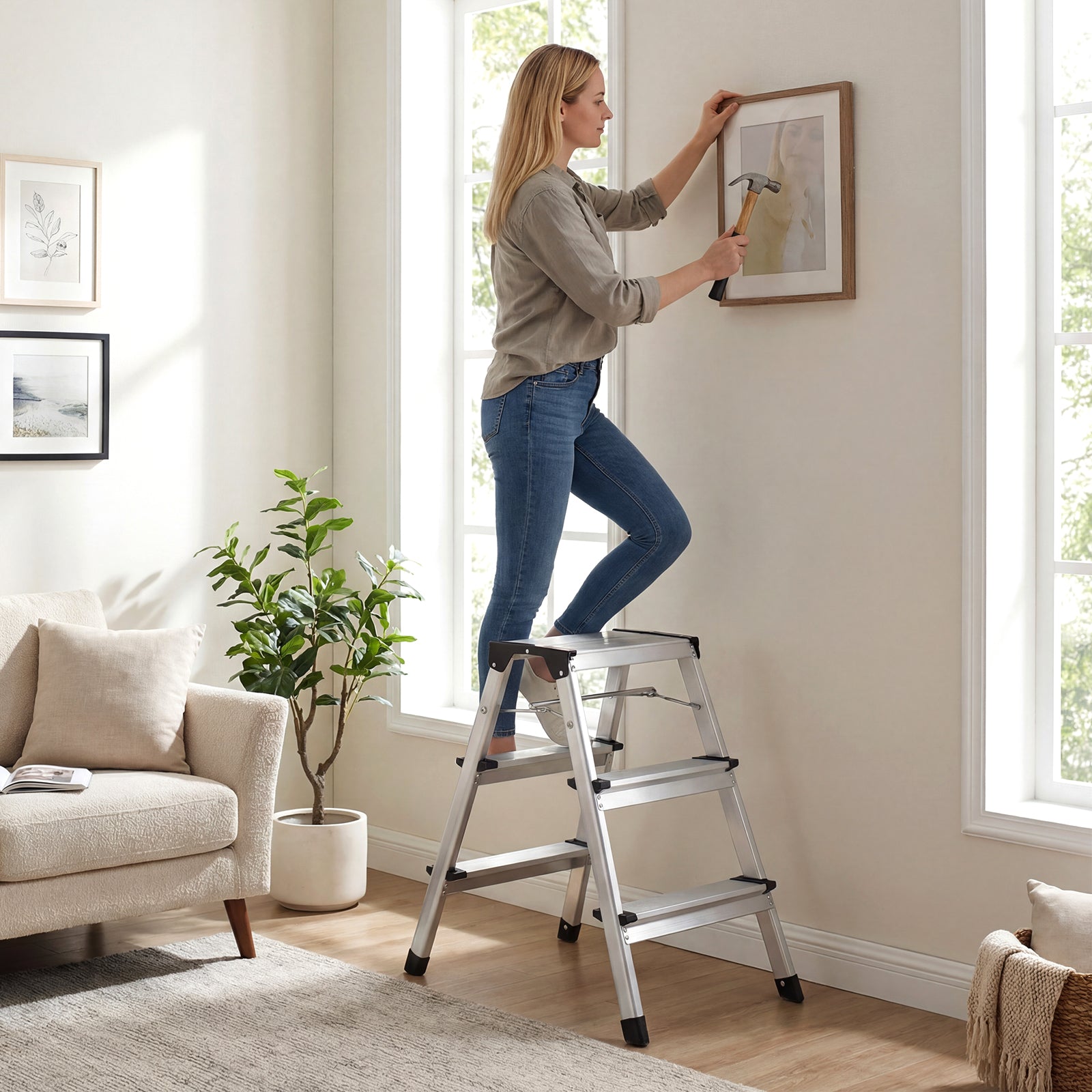 Dual-Sided 3 Step Ladder with Wide Anti-Slip Pedals-Silver
