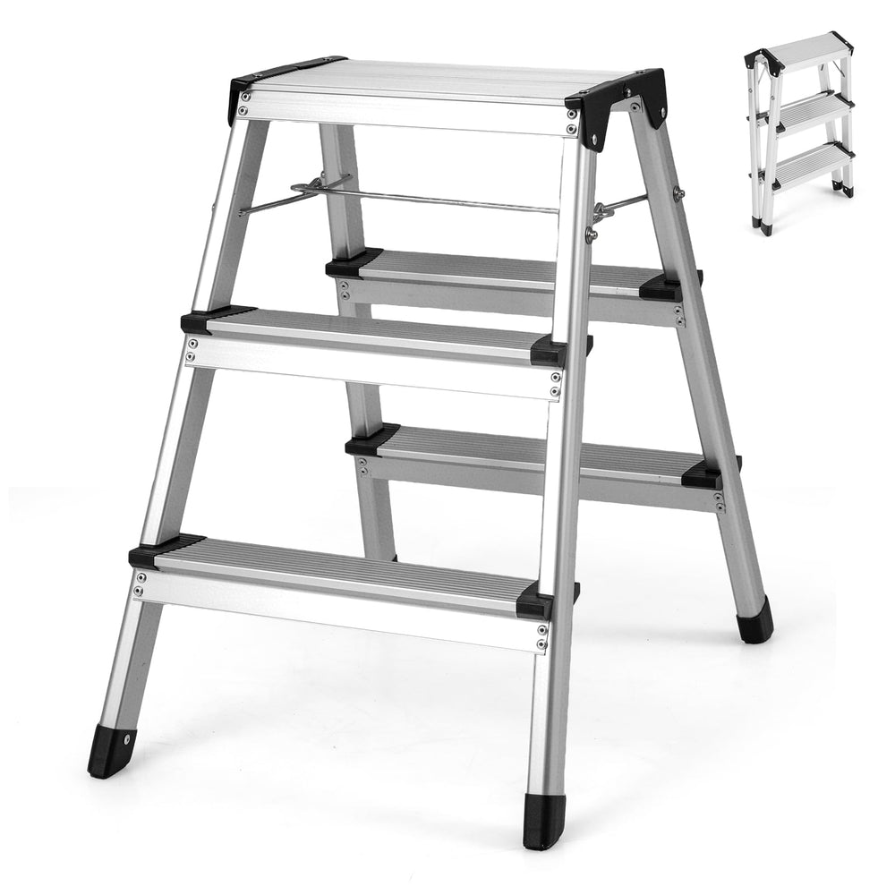 Dual-Sided 3 Step Ladder with Wide Anti-Slip Pedals-Silver
