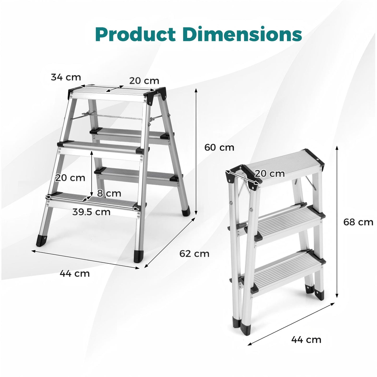 Dual-Sided 3 Step Ladder with Wide Anti-Slip Pedals-Silver