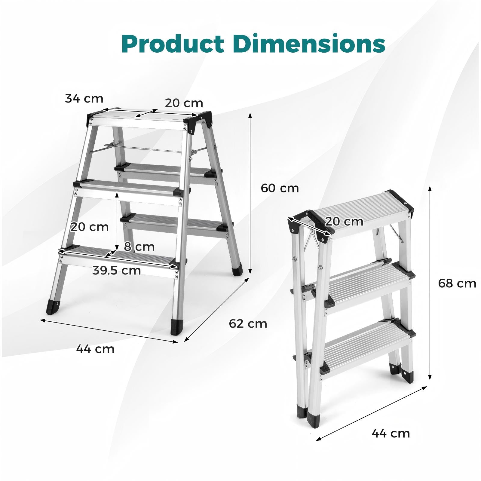 Dual-Sided 3 Step Ladder with Wide Anti-Slip Pedals-Silver