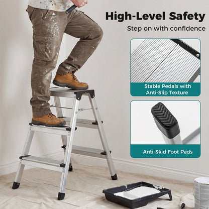 Dual-Sided 3 Step Ladder with Wide Anti-Slip Pedals-Silver