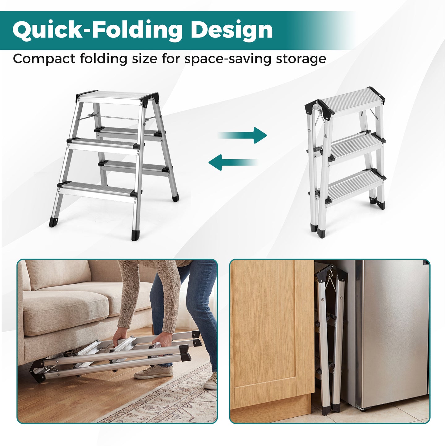 Dual-Sided 3 Step Ladder with Wide Anti-Slip Pedals-Silver