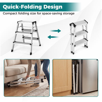 Dual-Sided 3 Step Ladder with Wide Anti-Slip Pedals-Silver