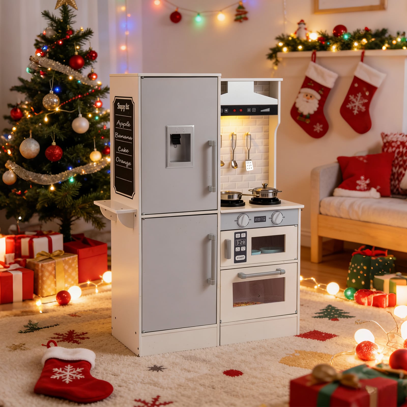 Dual-Sided Kids Play Kitchen with Water Dispenser and Range Hood for 3+ Years Old-White