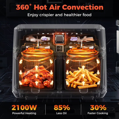 Dual-Zone Air Fryer with 10 Presets and LED Touchscreen Panel-Black