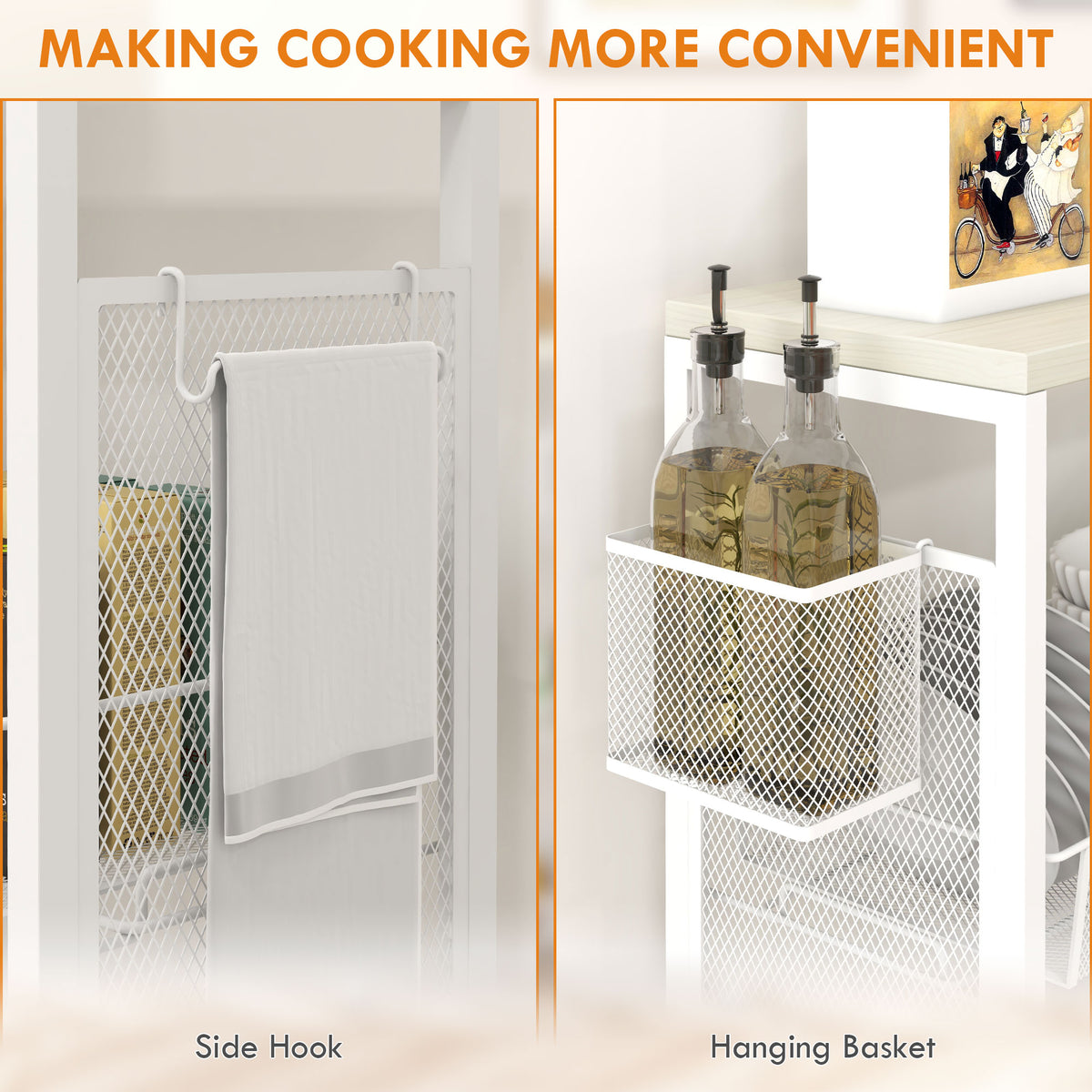 HOMCOM 3-Tier Kitchen Cart with 3 Steel Wire Baskets - White