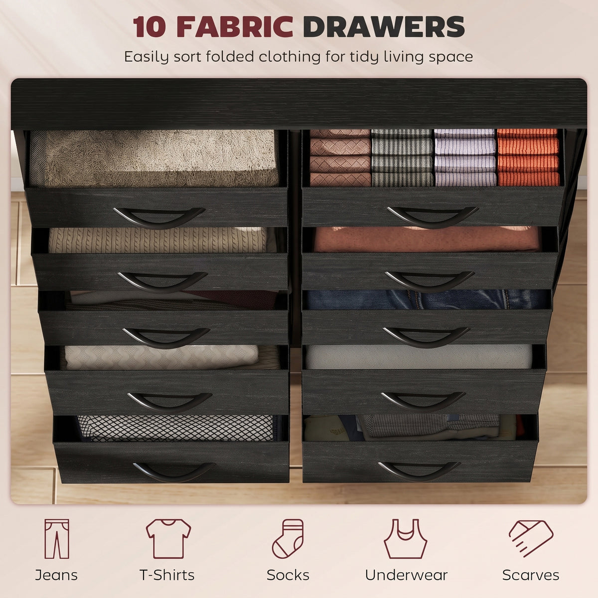 HOMCOM Chest of Drawers, Dresser with 10 Fabric Drawers, Tall Storage Unit with 4 Pockets and 2 Hooks Steel Frame, Black