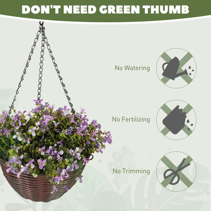 HOMCOM Artificial Flowers in Basket Set of 2, Artificial Hanging Baskets with 75 Leaves and 15 Flowers in Pot, Decorative Plant for Home Office Decor, Purple