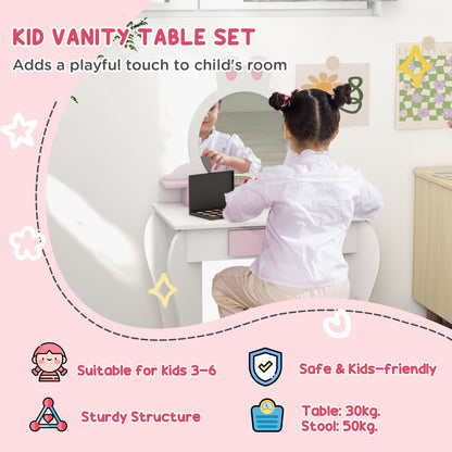 ZONEKIZ Bunny-Design Kids Dressing Table, with Mirror and Stool - White and Pink