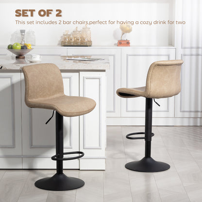HOMCOM Bar Stools Set of 2, PU Leather Barstools with Backrest and Footrest for Kitchen, Counter, Breakfast Bar, Light Brown