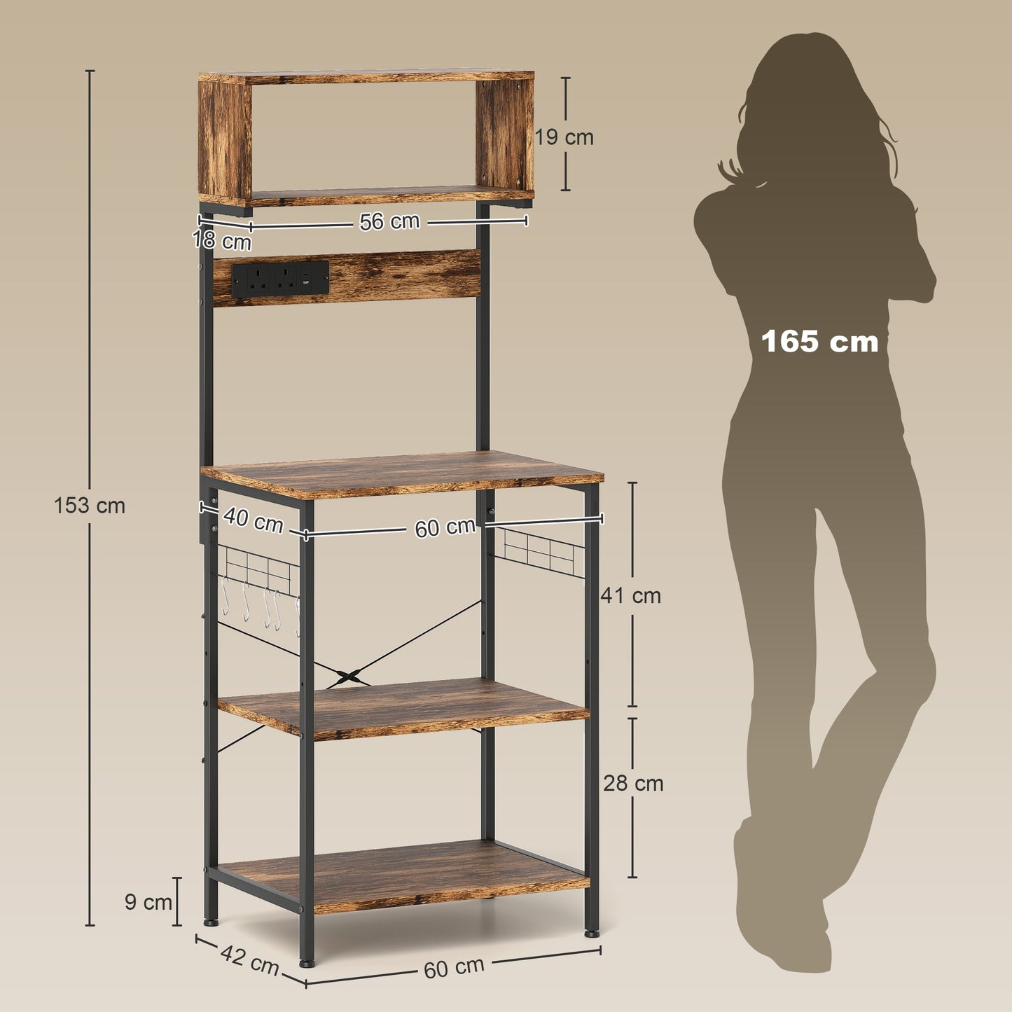 HOMCOM Bakers Rack with Power Outlet, USB Charger, Microwave Stand with Adjustable Shelves, 5 Hooks for Small Spaces, Kitchen Storage Unit for Spices, Pots and Pans, Rustic Brown