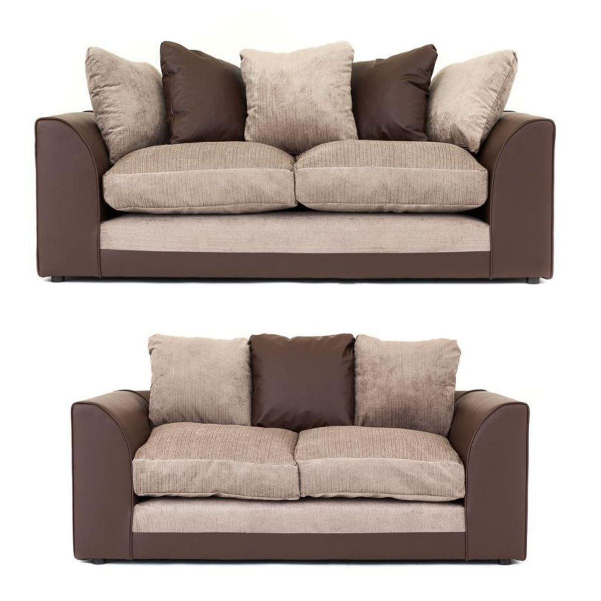 An image showing two sofas, a 3-seater and a 2-seater, with a fabric and faux leather upholstery in beige, brown, and black colors, accompanied by several throw pillows.