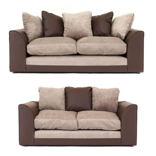 An image showing two sofas, a 3-seater and a 2-seater, with a fabric and faux leather upholstery in beige, brown, and black colors, accompanied by several throw pillows.