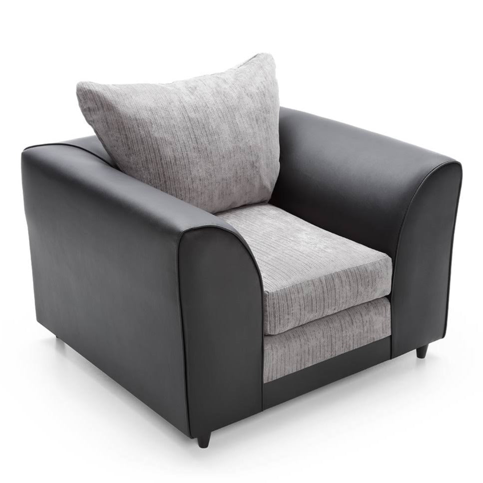 A black and grey Dylan chenille fabric 2 seater sofa with several cushions on top, displayed against a white background.