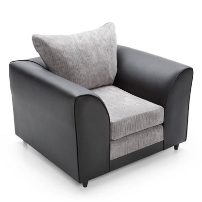 A black and grey Dylan chenille fabric 2 seater sofa with several cushions on top, displayed against a white background.