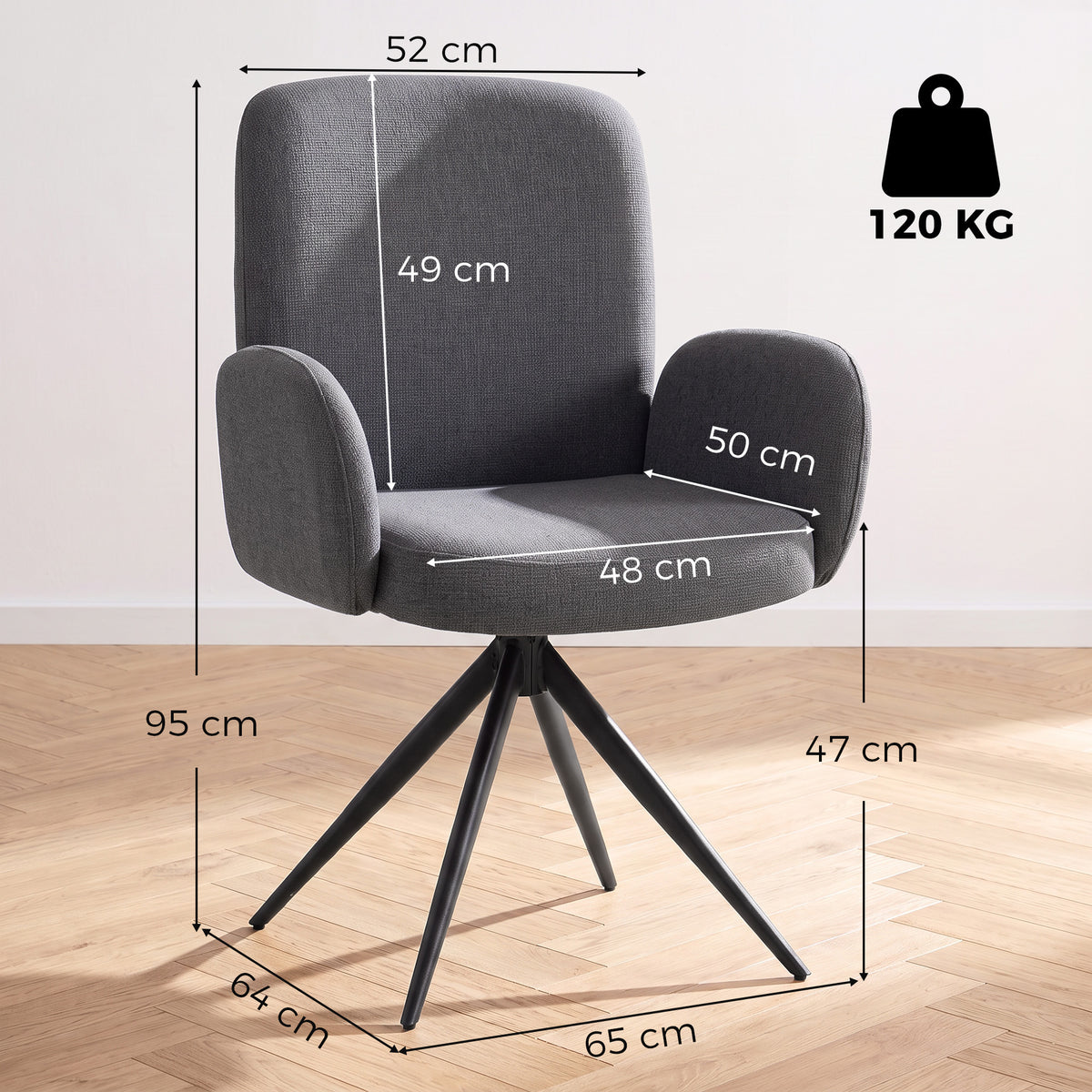 HOMCOM Swivel Accent Chair, Upholstered Linen-Look Armchair with Curved Backrest, Wrapped Armrests for Living Room, Grey