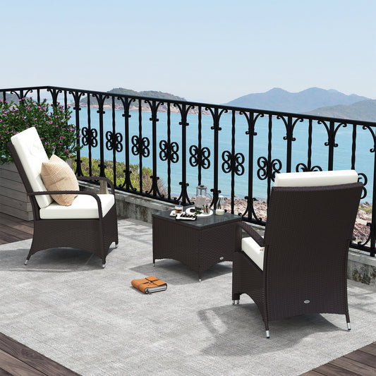 Outsunny 3 Pieces Rattan Bistro Set with Furniture Cover, Wicker Garden Furniture Set, Glass Top Coffee Table and Chairs with Cushions for Outdoor, Patio, Balcony, Cream White