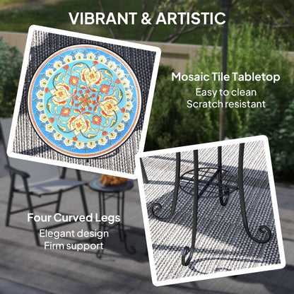 Outsunny Mosaic Garden Table, 35.5 cm Round Outdoor Table with Shelf, Ceramic Tile Top, Small Garden Side Table Bistro Table End Table Plant Stand for Indoor, Patio, Balcony, Blue