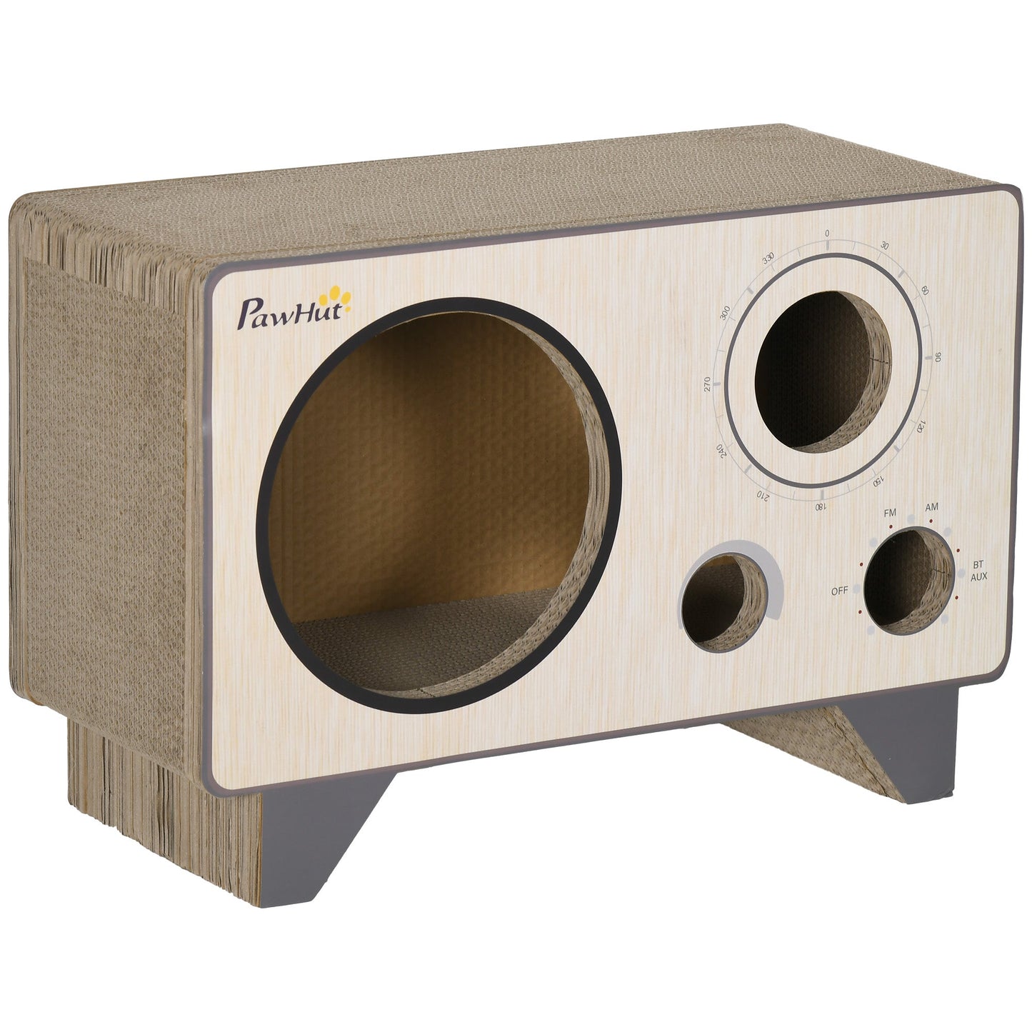 PawHut 2 in 1 Cat Scratcher, Radio Shape Cat House with Catnip, 57 x 24.5 x 39cm, Natural Wood Finish