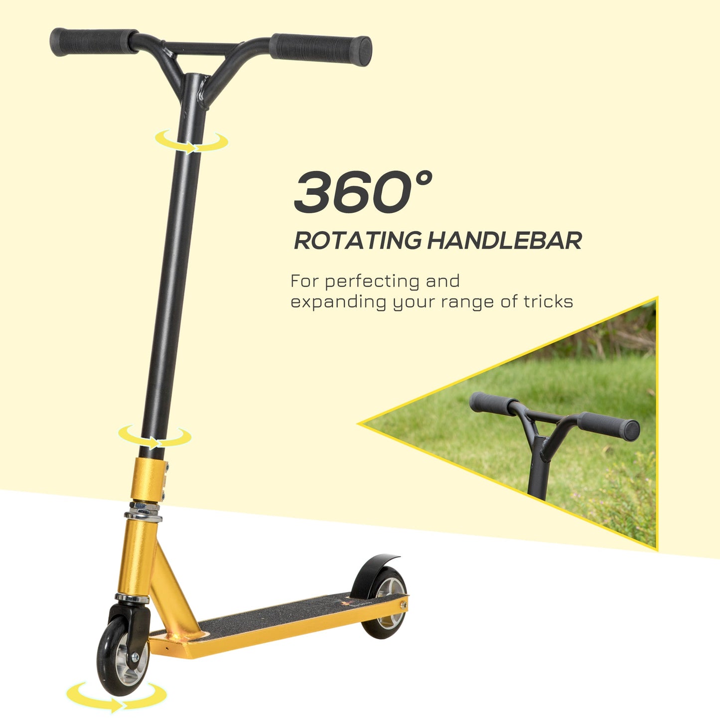 HOMCOM Stunt Scooter, 360 Entry Level Tricks Scooter w/ Lightweight Aluminium Deck and ABEC 7 Bearing, For Age 14+ Beginners, Gold Tone