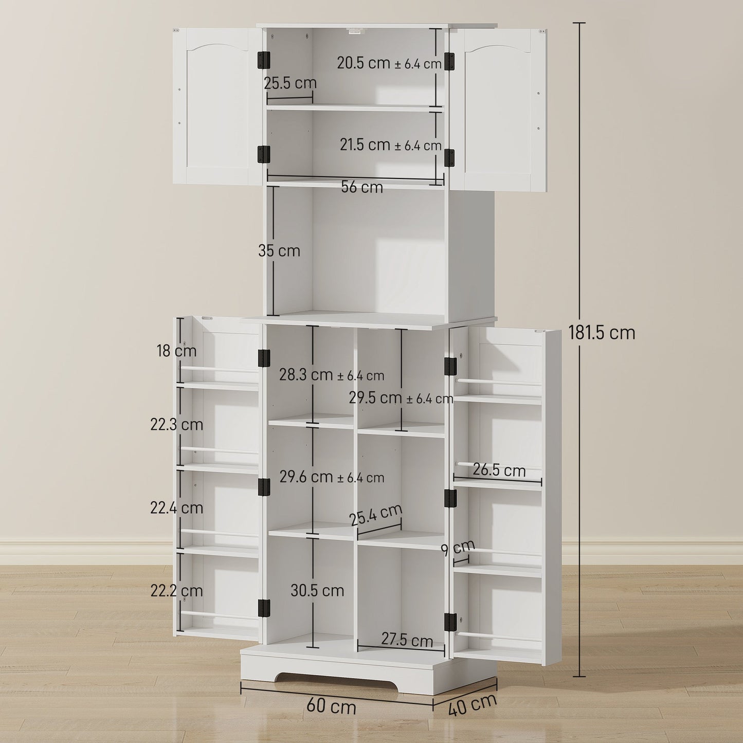 HOMCOM Tall kitchen buffet kitchen cabinet, 4 doors countertop 8 spice racks adjustable shelves 60x40x181.5cm white
