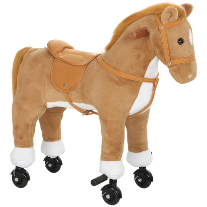 AIYAPLAY Rocking Horse, Plush Ride On Horse with Hoof Sounds, Music, Rolling Wheels and Pedal for 3-7 Years, Up to 50kg, Brown