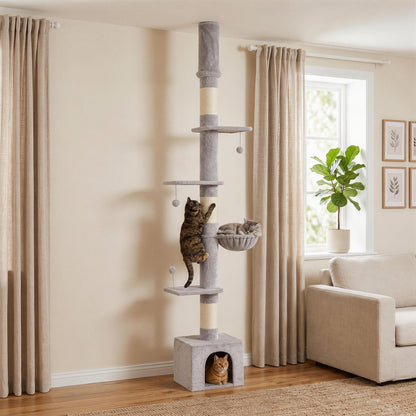 PawHut Floor to Ceiling Cat Tree, 230-250cm Multi-Level Cat Tower with Adjustable Height, Scratching Posts, Condo, Platforms