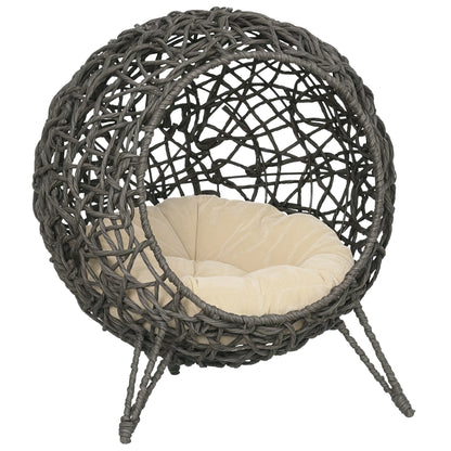 PawHut Raised Rattan Cat House, with Cushion - Silver-Tone & Grey