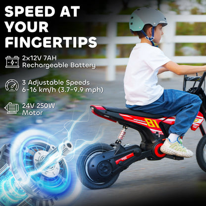 AIYAPLAY Kids Electric Motorbike, 24V Ride On Motorcycle with 3 Speeds and Rear Suspension, Dirt Bike for 8-12 Years Old, Red