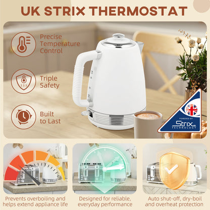 HOMCOM Stainless Steel Kettle and Toaster Set, 1.7L 3000W Rapid Boil Jug Kettle with UK Strix Thermostat, Limescale Filter, 4 Slice Toaster with 7 Browning Controls, Crumb Tray, White and Silver Tone