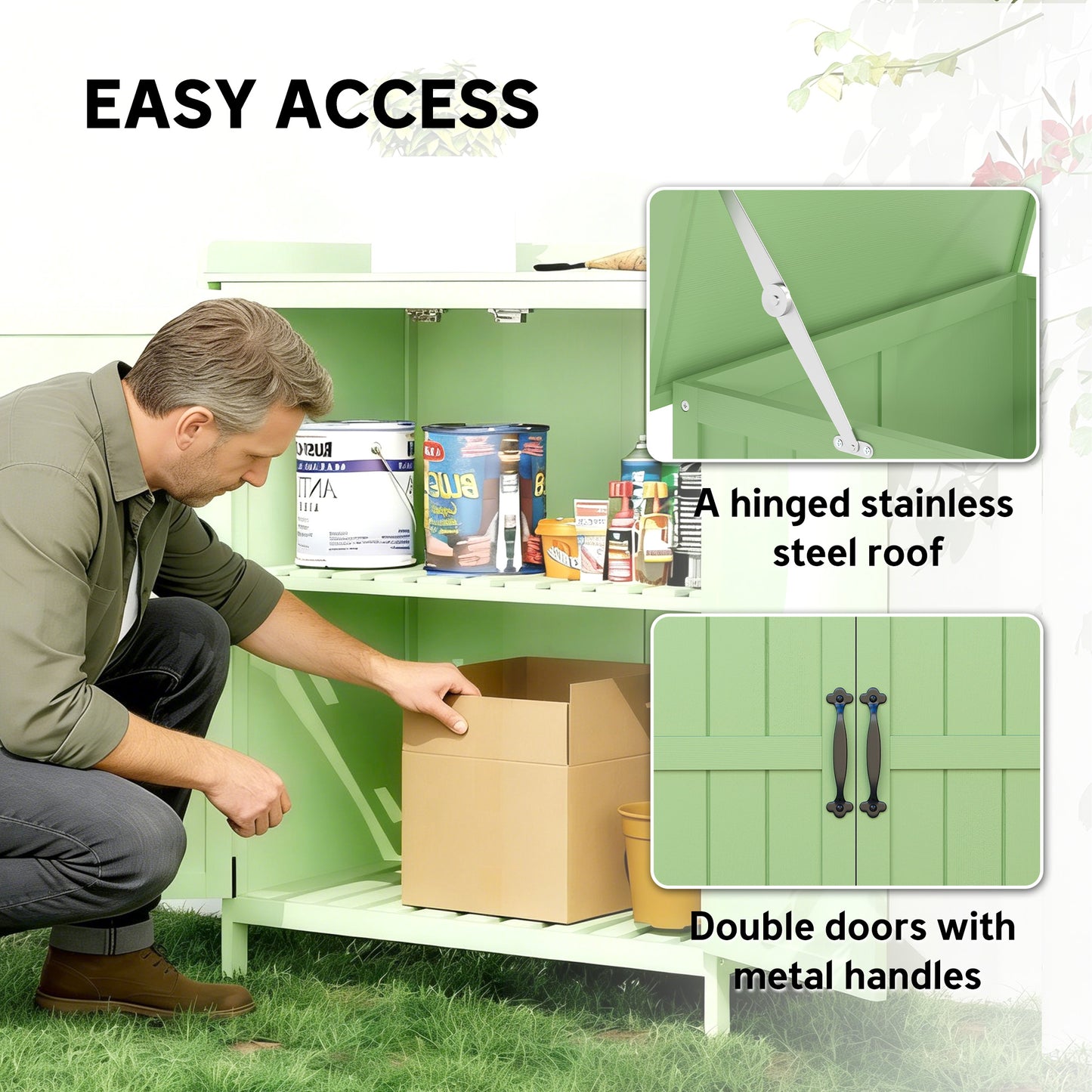 Outsunny Wooden Garden Shed, Garden Tool Storage Shed with Hinged Roof and Shelf, Outdoor Storage Cabinet with Double Doors, Light Green