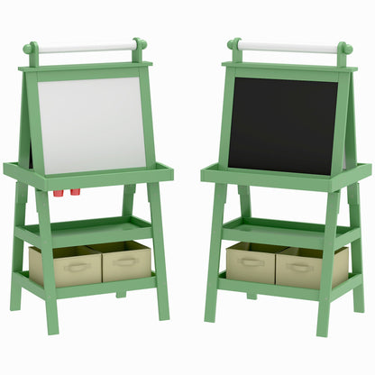 AIYAPLAY 3 in 1 Kids Easel Double-Sided Magnetic Whiteboard and Chalkboard with Paper Roll, Storage Baskets - Green