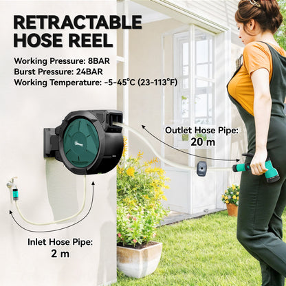 Outsunny Retractable Hose Reel Wall Mounted, 20+2m Garden Hose Pipe Reel with Lock, Auto Rewind, 7 in 1 Spray Nozzle, Includes Wall Fixings, 180Â° Swivel, Outdoor Watering, 54 x 20 x 39 cm, Black