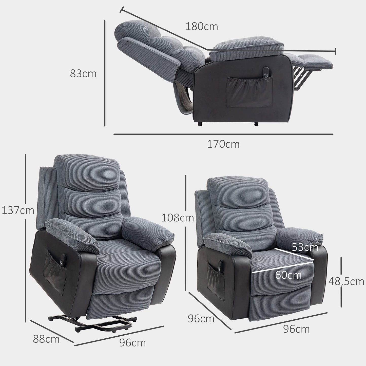 HOMCOM Overstuffed Corduroy Electric Lift Chair - Dark Grey