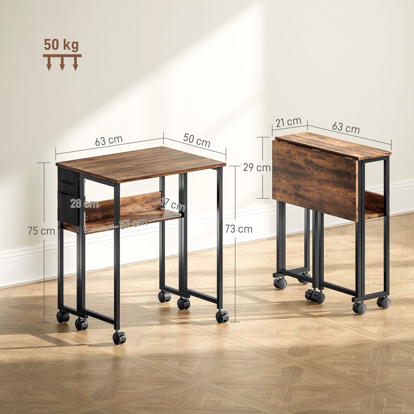 HOMCOM 63 cm Drop Leaf Writing Work Desk - Rustic Brown