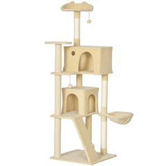 PawHut 180cm Large Cat Tree Tower with Sisal Scratching Posts, Condos, Plush Perches, Hammock, Ladder, Beige