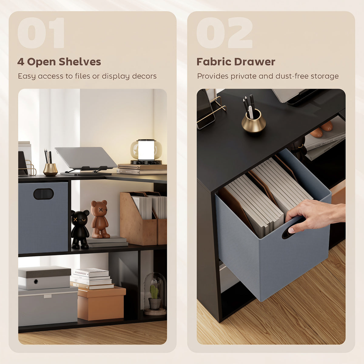 HOMCOM 110 cm L-Shaped Desk, Small Computer Desk with Fabric Drawer and Storage Shelves for Home Office, Study, Black