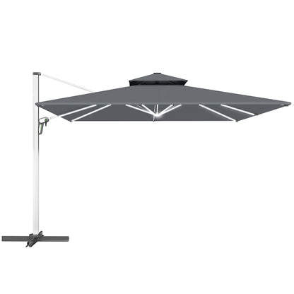 Outsunny 3(m) Garden Cantilever Parasol with Solar LED Lights, Cross Base, 360 degrees Rotation, Crank Handle and Tilt, Grey